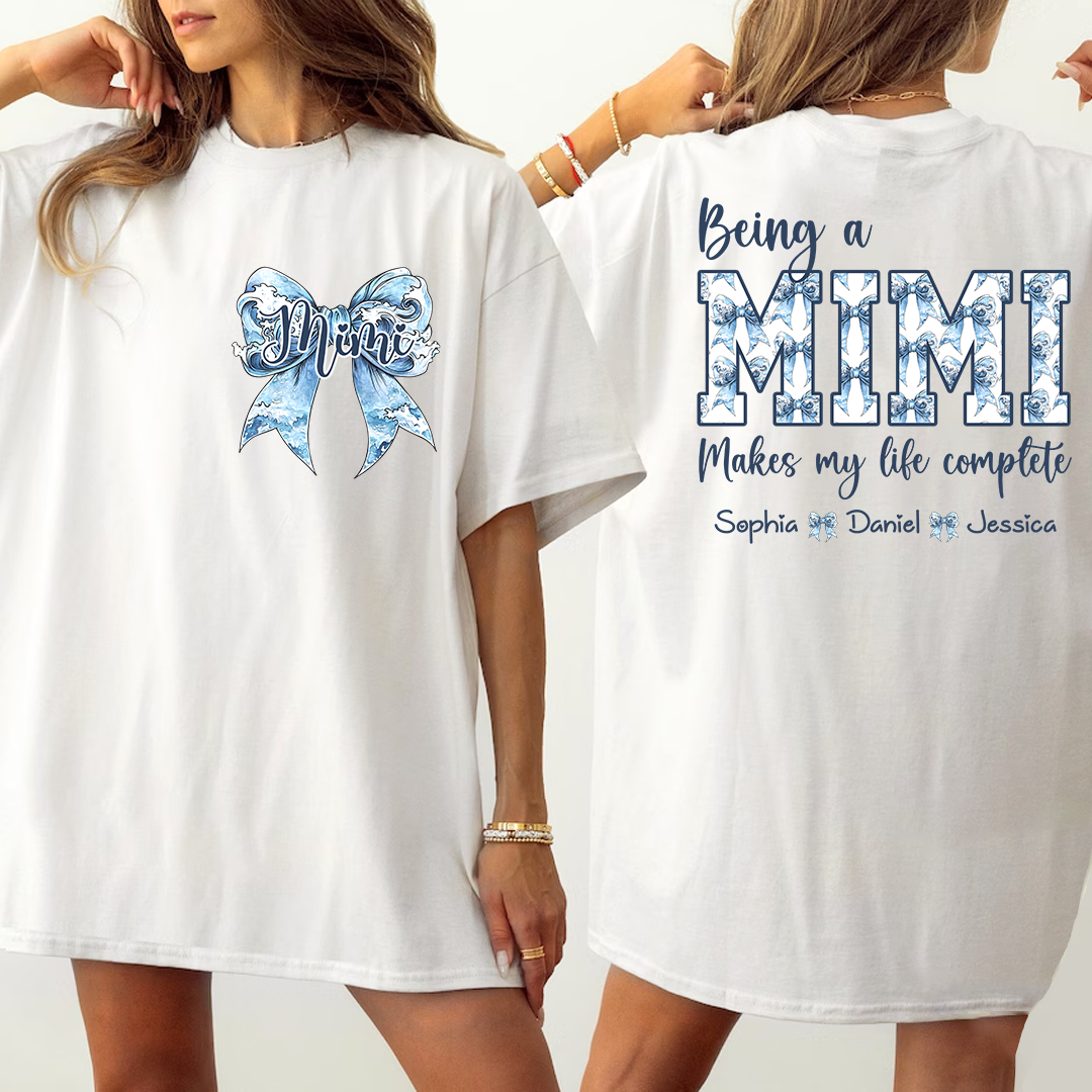 Custom Mimi T Shirt with Grandchildren Names, Blue Bow Coquette Back Design Tee, Personalized Grandma Apparel for Women
