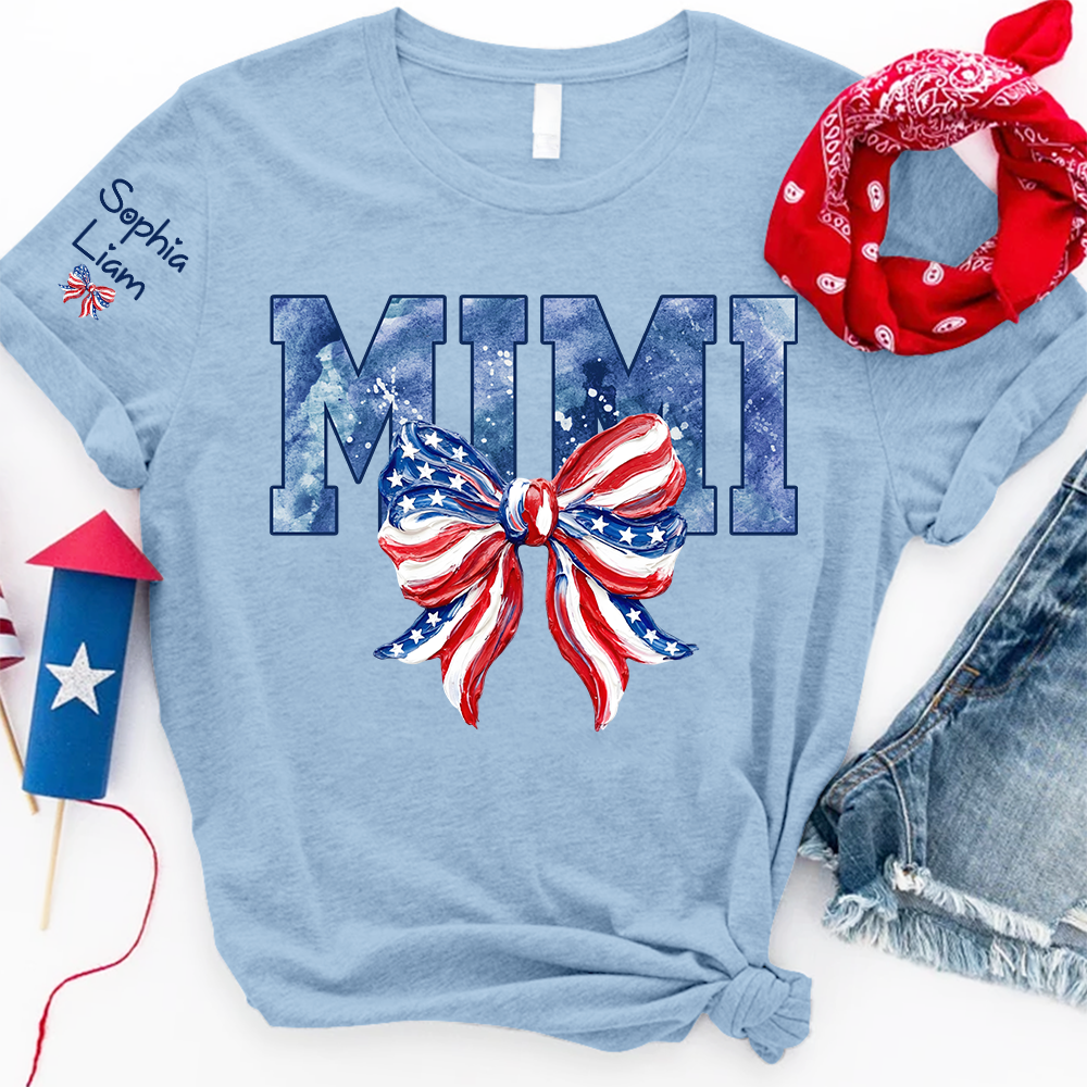 Custom Mimi Shirt with Sleeve Names, American Flag Bow Graphic Tee, Patriotic Grandma Independence Day Apparel