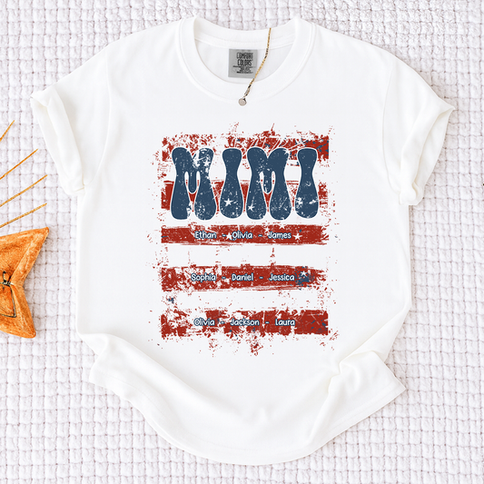 Comfort Colors Personalized Mimi Shirt with Family Names Patriotic American Flag Graphic Custom Family T Shirt for Mimi