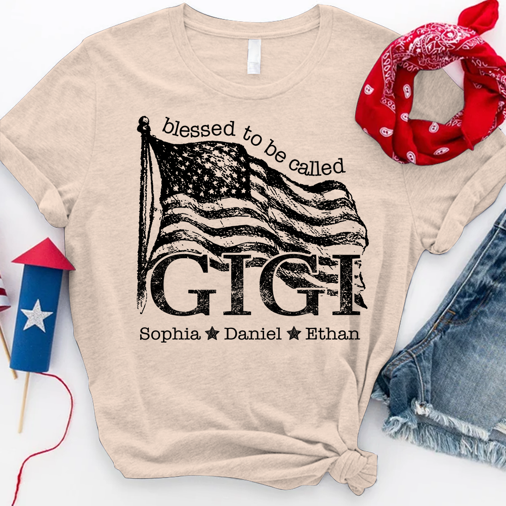 Blessed to Be Called Gigi T Shirt with American Flag, Custom Gift for Grandma, Personalized Family Shirt
