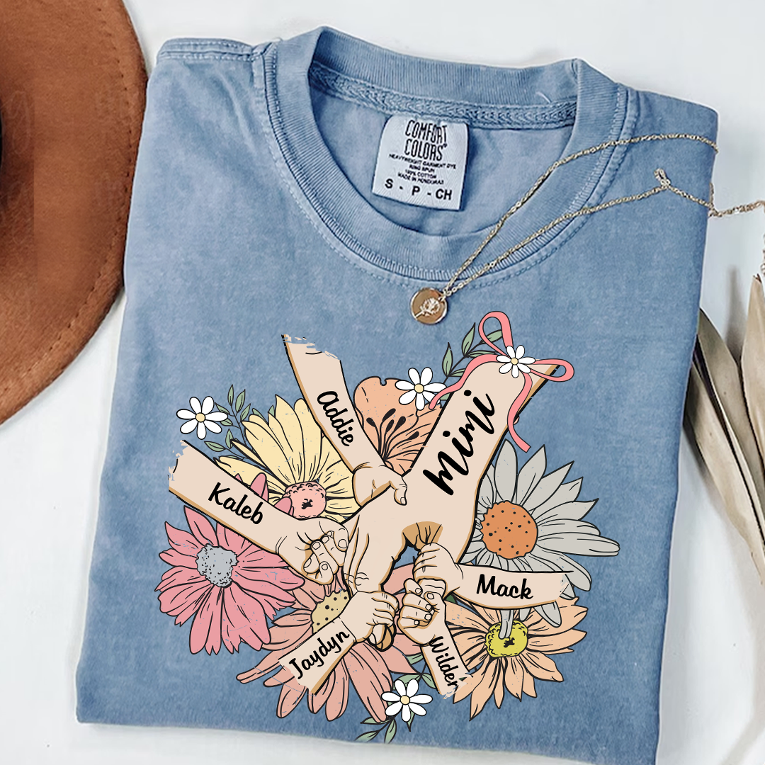Comfort Colors® Grandma Hands Retro Floral T-Shirt, Custom Grandma With Grandkids Shirt