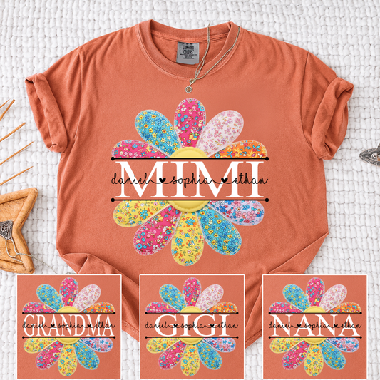 Comfort Colors Colorful Patchwork Flower Mimi T-shirt with Personalized Family Names for Grandma