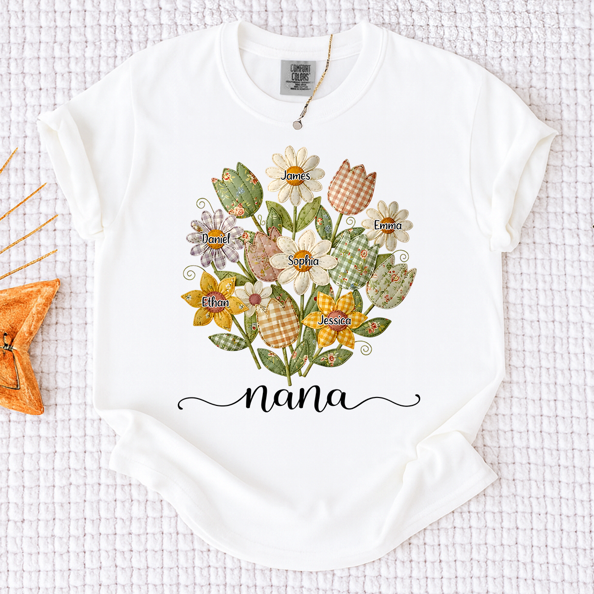 Comfort Colors Personalized Nana Shirt with Grandkids Names, Custom Flower Bouquet Grandma T Shirt, Family Gift for Nana