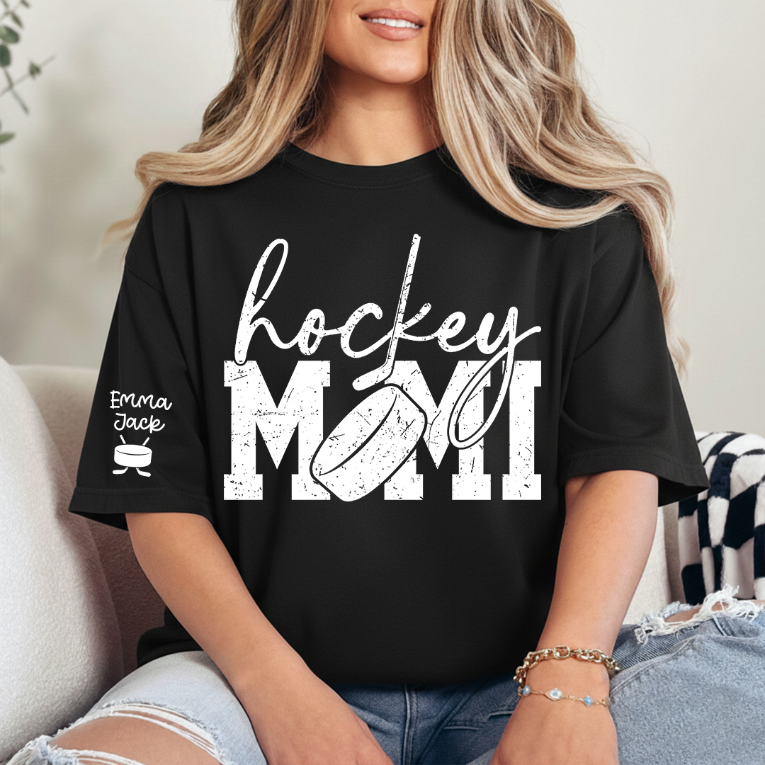 Hockey Mimi Shirt with Custom Names, Hockey Puck and Stick Design Family T Shirt