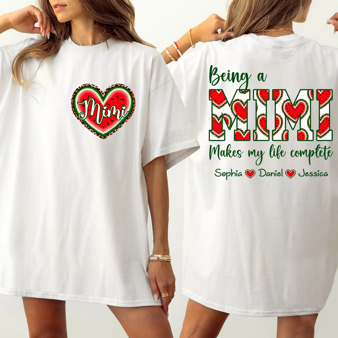 Personalized Mimi Watermelon Heart Shirt, Custom Grandma Comfort Colors Tee with Grandkids Names, Being a Mimi Makes My Life Complete
