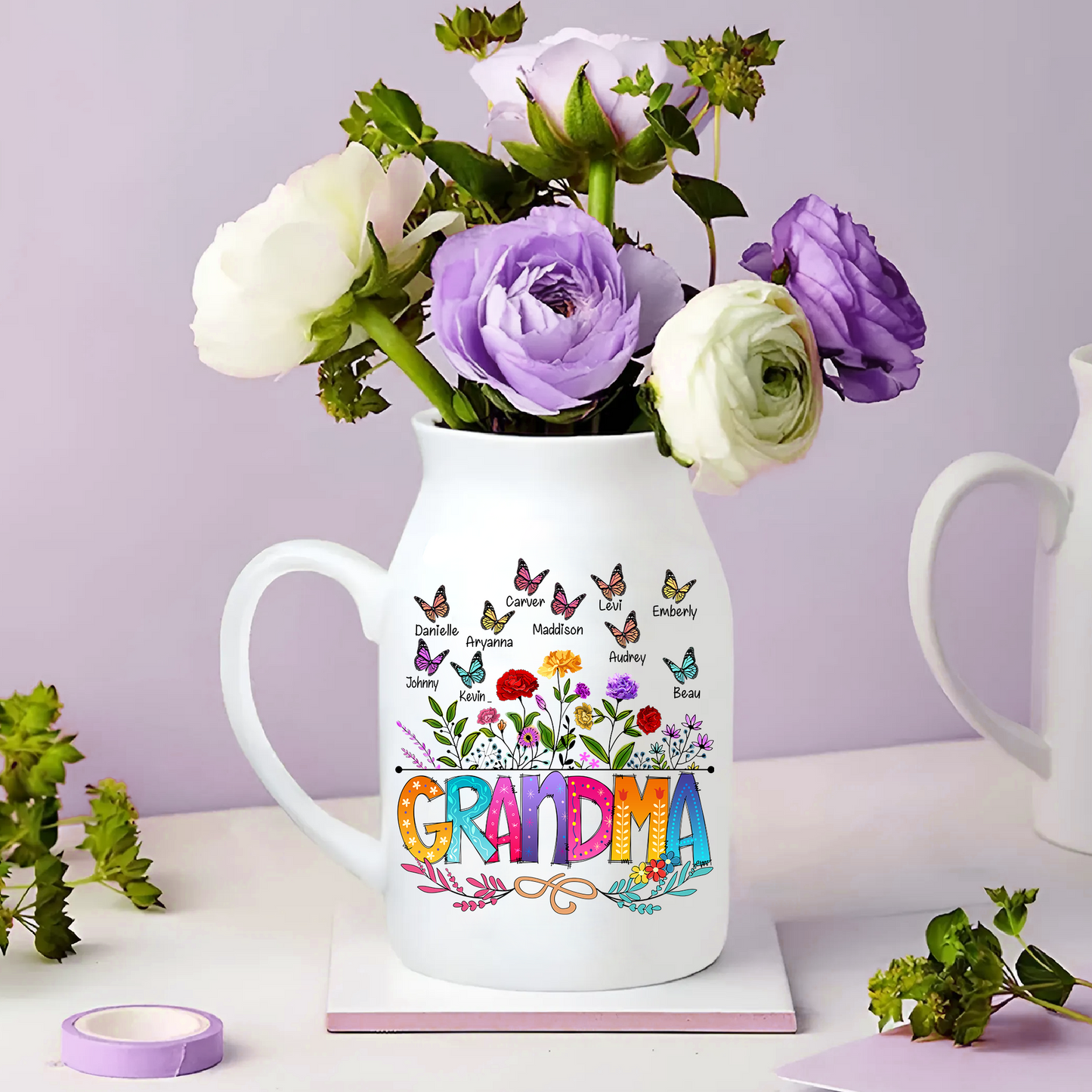 Grandma And Kids - Custom Home Decoration Flower Vase According To Family Requirements - Warm Gift For Mother's Day, Ceramic Flower Vase