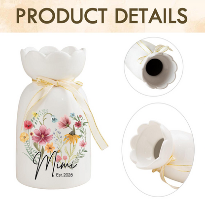 Custom Mimi Flower Vase, Personalized Ceramic Vase with Family Names, Ideal Gift for Nana