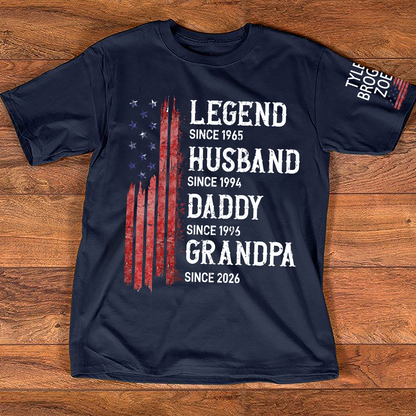 Personalized American Flag Printed T-Shirt For Husband, Father, Grandfather, With Custom Names Of Grandchildren