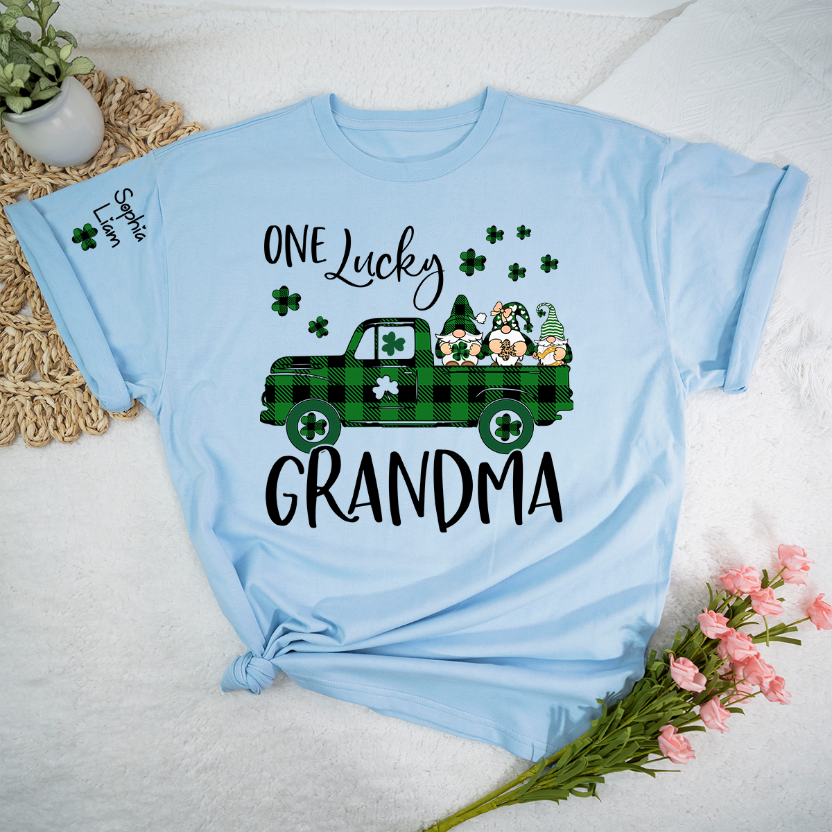 One Lucky Grandma Shirt, Personalized St Patrick’s Day Grandma Shirt With Shamrock Truck Design