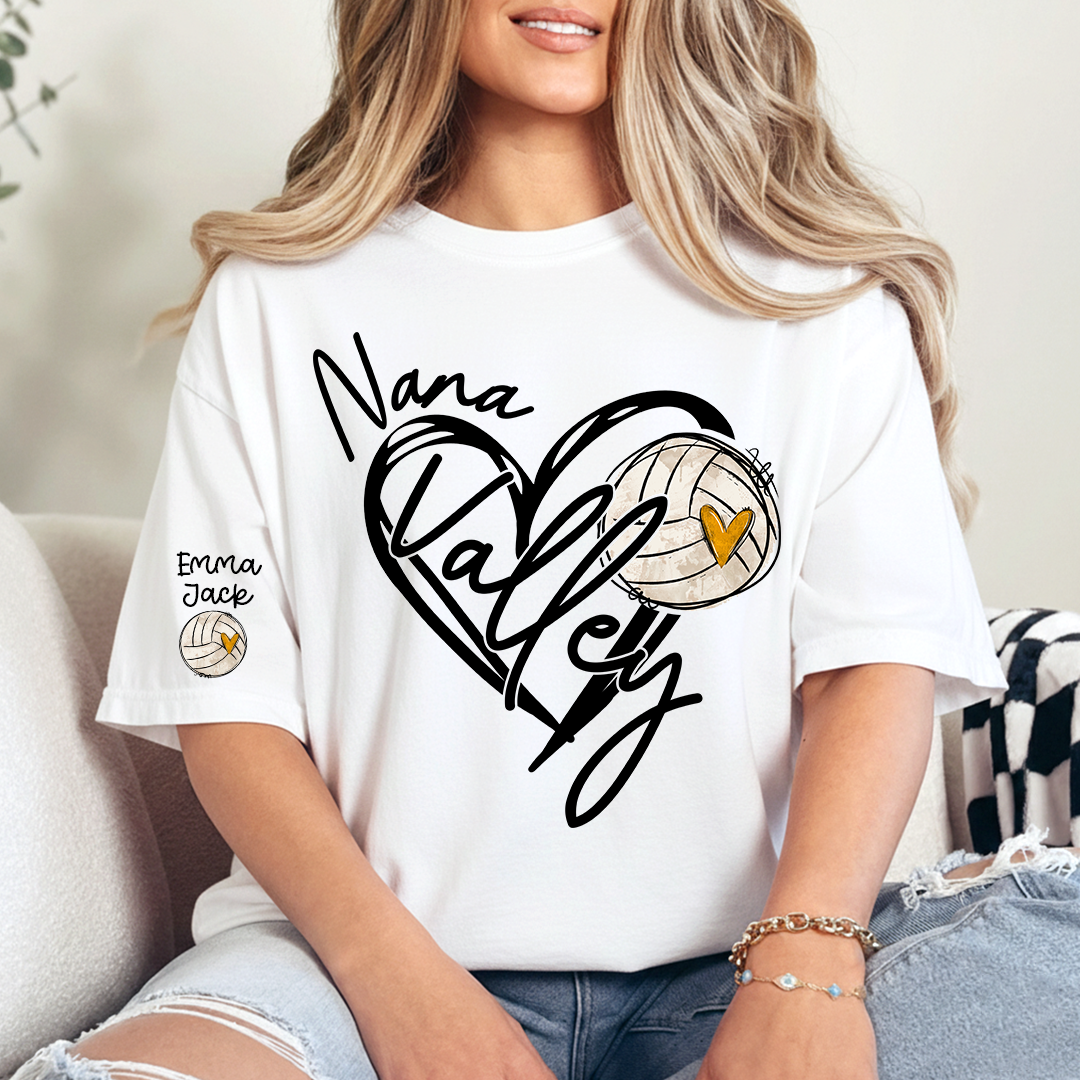 Personalized Nana Volleyball T Shirt, Custom Names with Heart and Volleyball Graphic
