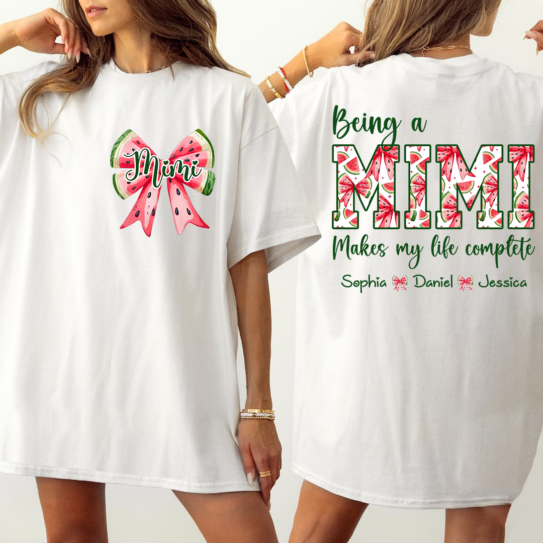 Mimi Custom Family Tee, Cute Watermelon Bow Shirt with Children’s Names, Gift for Mom Nana or Grandma