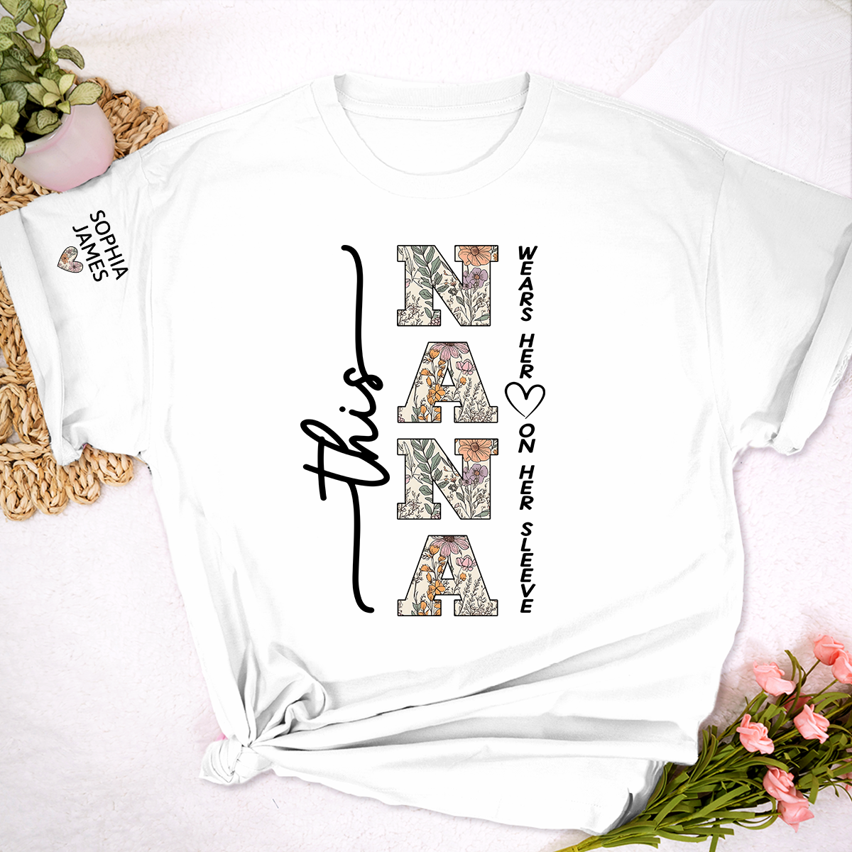 Custom This Nana Wears Her Heart on Her Sleeve Shirt, Floral Design Nana T-Shirt with Kids Names