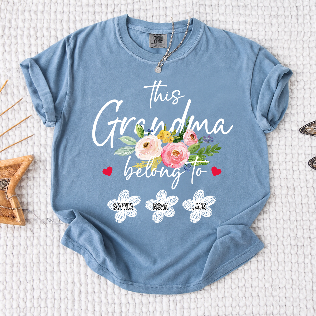 Comfort Colors Custom Grandma T-Shirt, This Grandma Belongs to Personalized with Kids Names and Flower Design