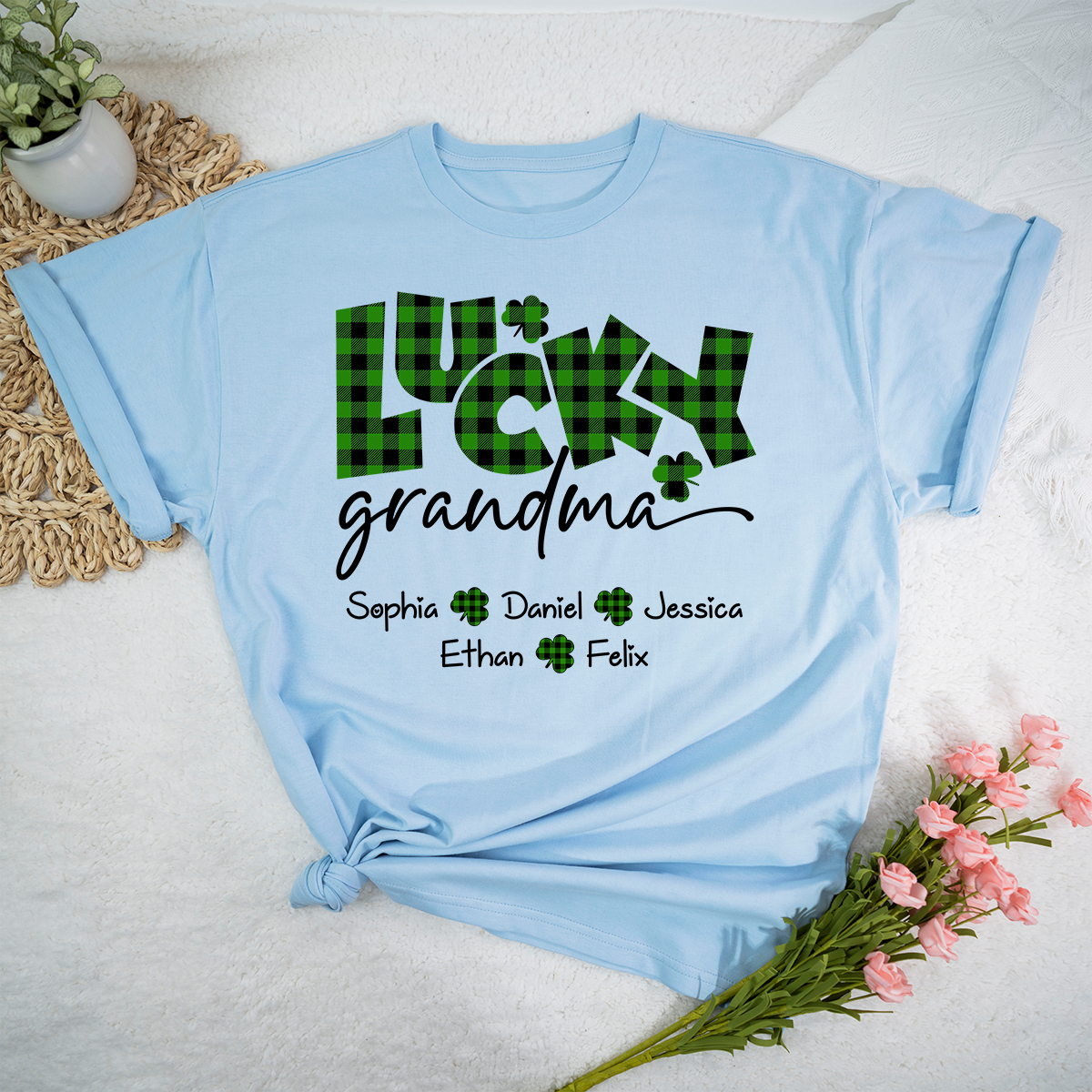 Lucky Grandma Personalized Shirt Clover Shamrock Artwork Custom Family Names St Patrick’s Day Celebration Tee