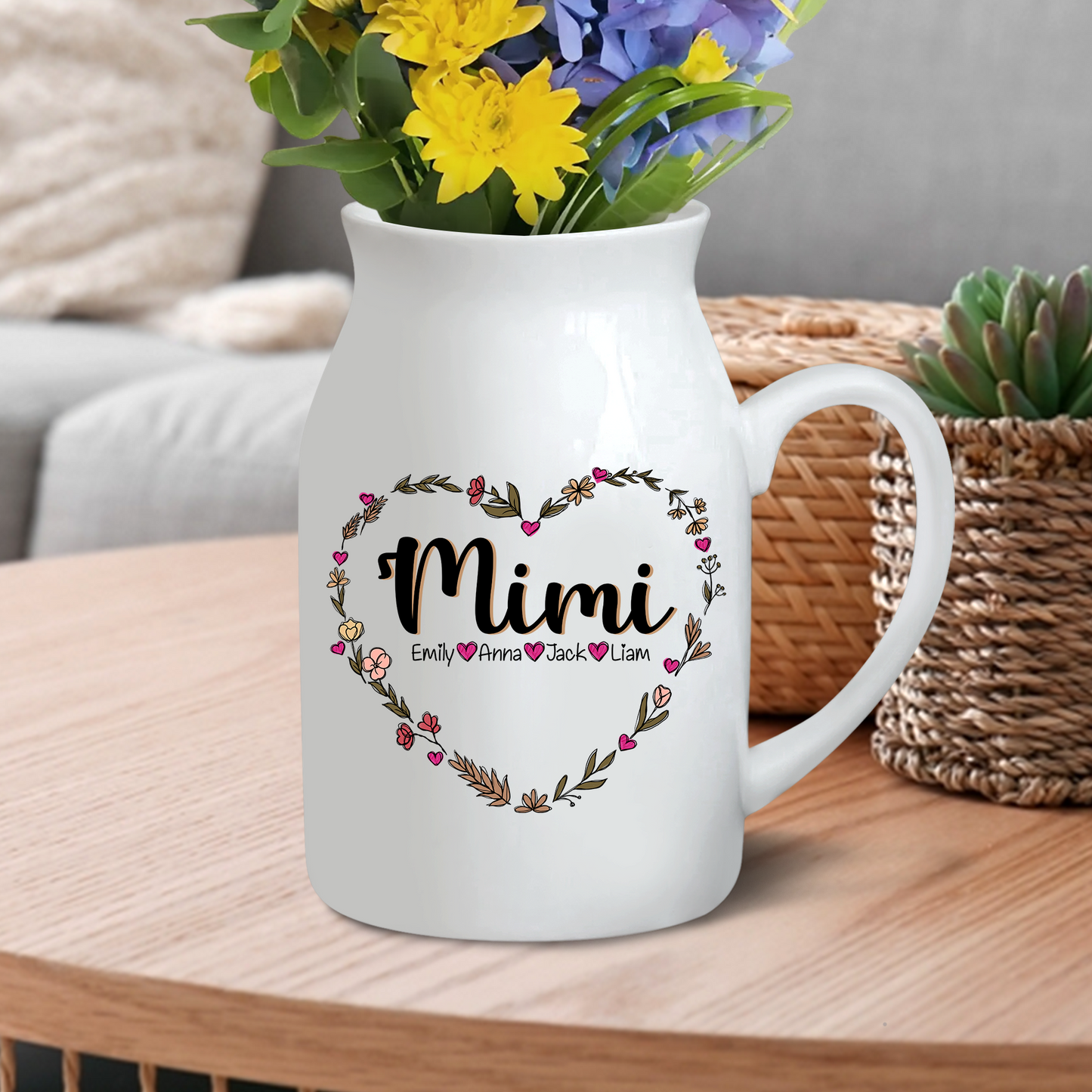 Heart Mimi Wildflowers And Kids - Custom Home Decoration Flower Vase According To Family Requirements - Warm Gift For Mother's Day, Ceramic Flower Vase