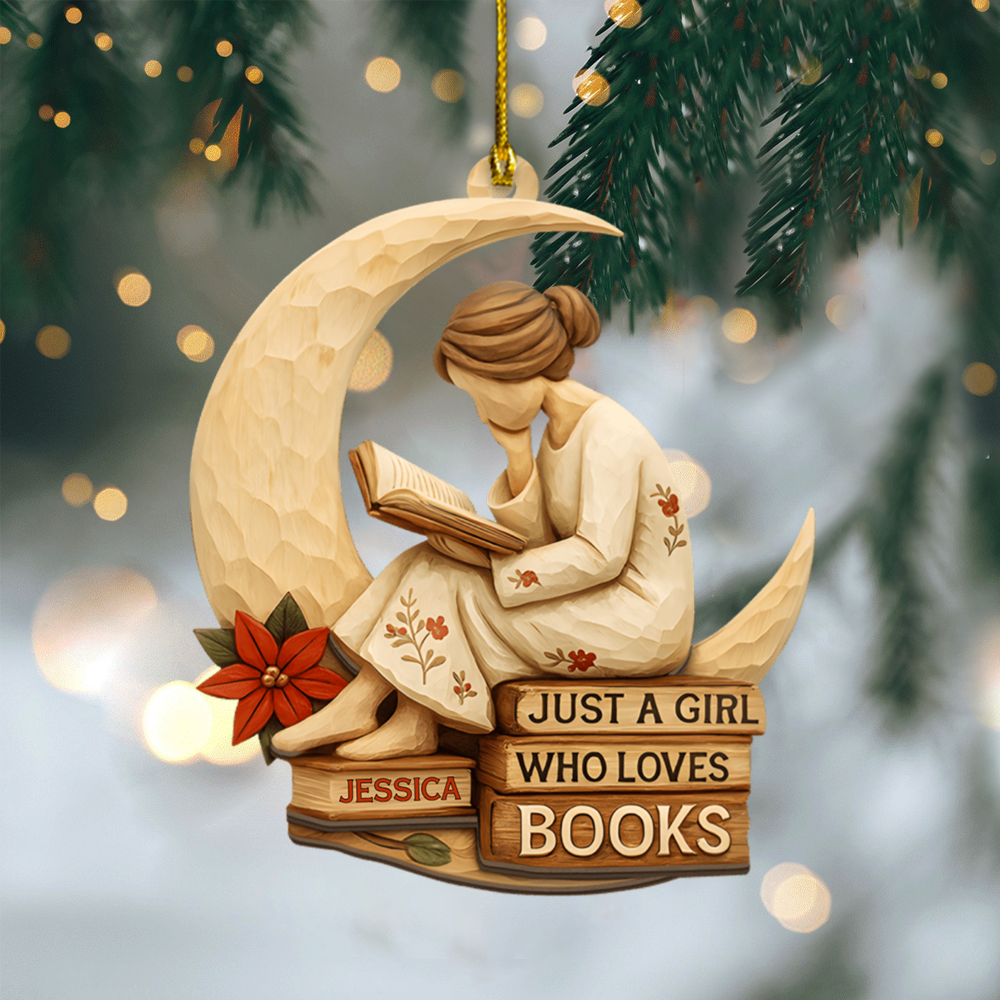 Personalized Book Lover Ornament – Custom Name Reading Girl on Moon Christmas Decoration 2025 Ornament