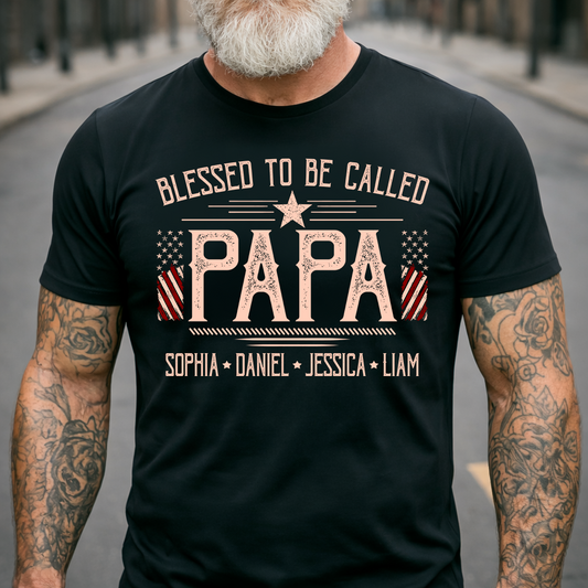 Custom Papa Shirt, Blessed to Be Called Papa with American Flag, Personalized Grandkids Names