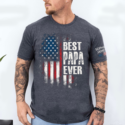 Best Papa Ever Shirt, Personalized Name Papa Tee, American Flag Design, Gift for Dad Grandpa from Kids, Custom Family Shirt