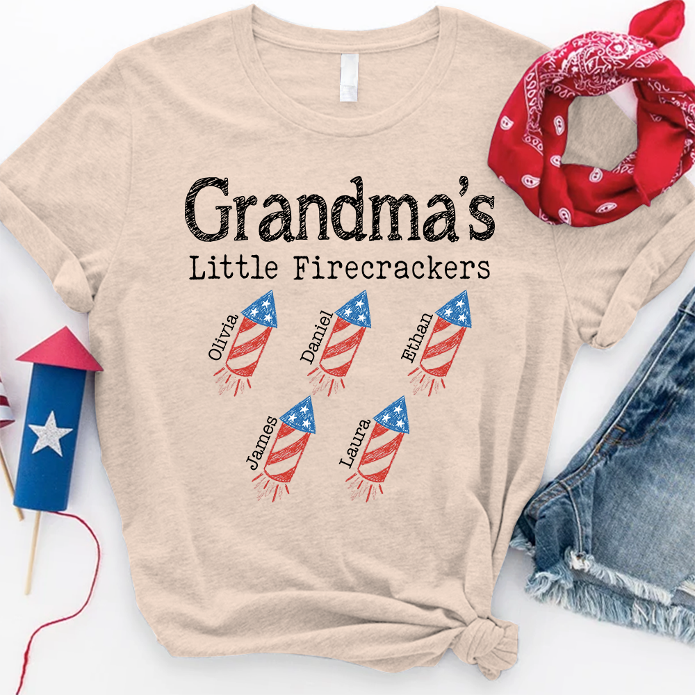 Custom Grandma Little Firecrackers T Shirt, Personalized Kids Names, Patriotic Firework Rockets Graphic, July 4th Family Matching Apparel