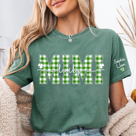 Lucky Mimi Shirt with Shamrock Design, Personalized Grandma Name Tee, St Patrick’s Day Family Shirt for Mimi