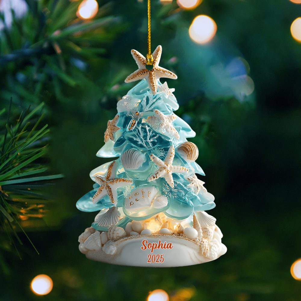 Personalized Beach Christmas Tree Ornament 2025 – Custom Name Coastal Seashell Holiday Decoration Ornament