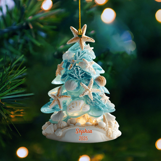 Personalized Beach Christmas Tree Ornament 2025 – Custom Name Coastal Seashell Holiday Decoration Ornament