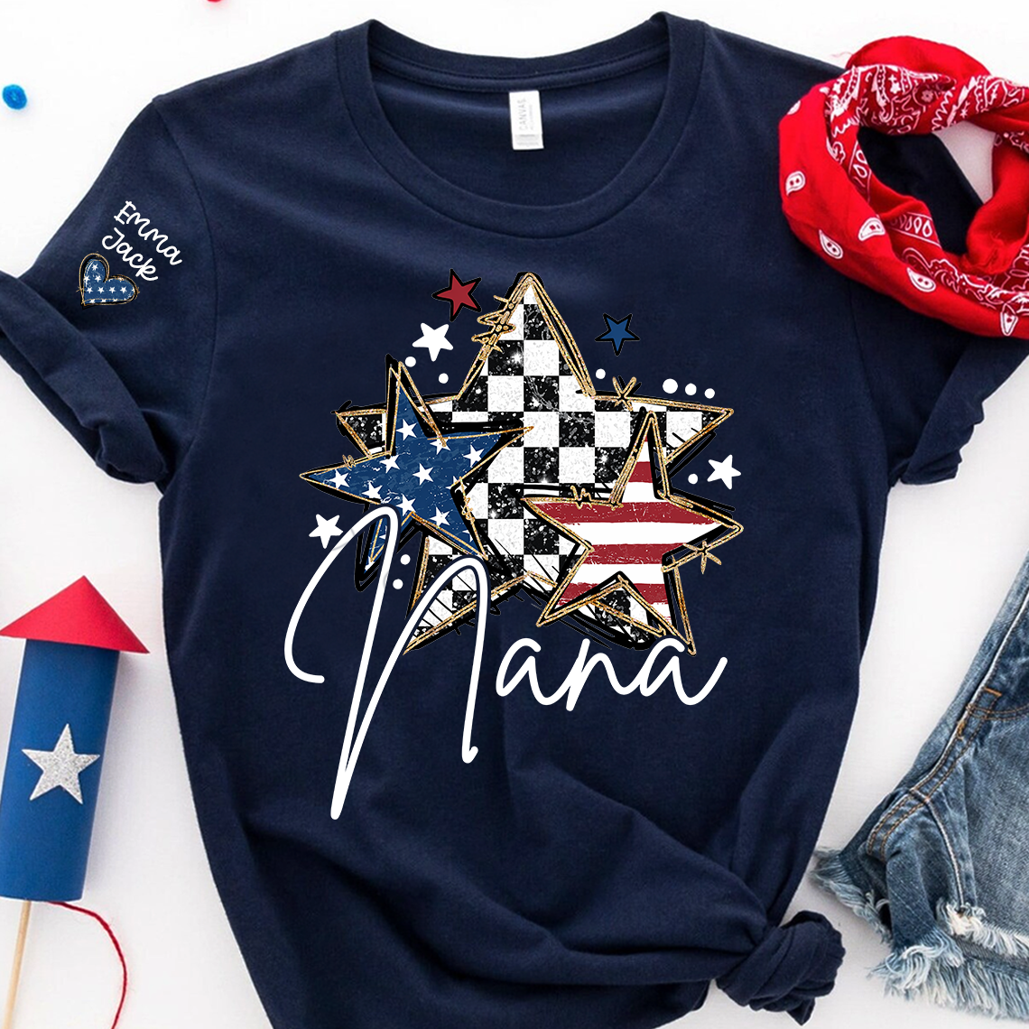 Custom Nana Flag Star T-shirt, Grandma Shirt with Kids, Mother's Day Gift for Grandma