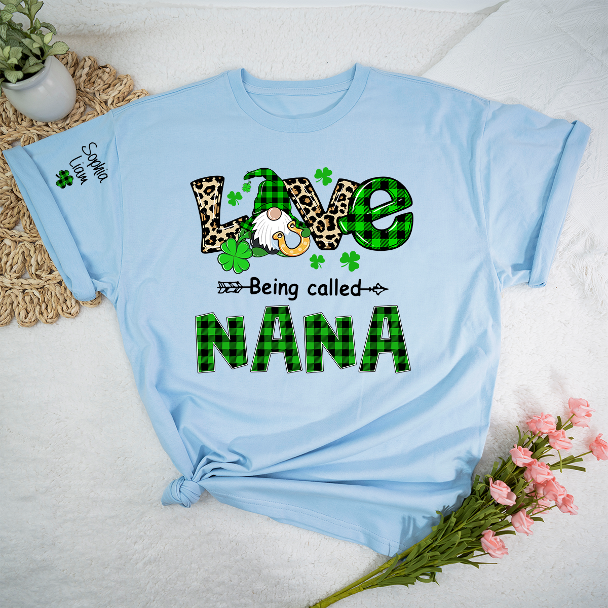 Nana St Patrick’s Day Shirt, Love Being Called Nana with Shamrocks and Gnome, Custom Grandma Shirt from Kids