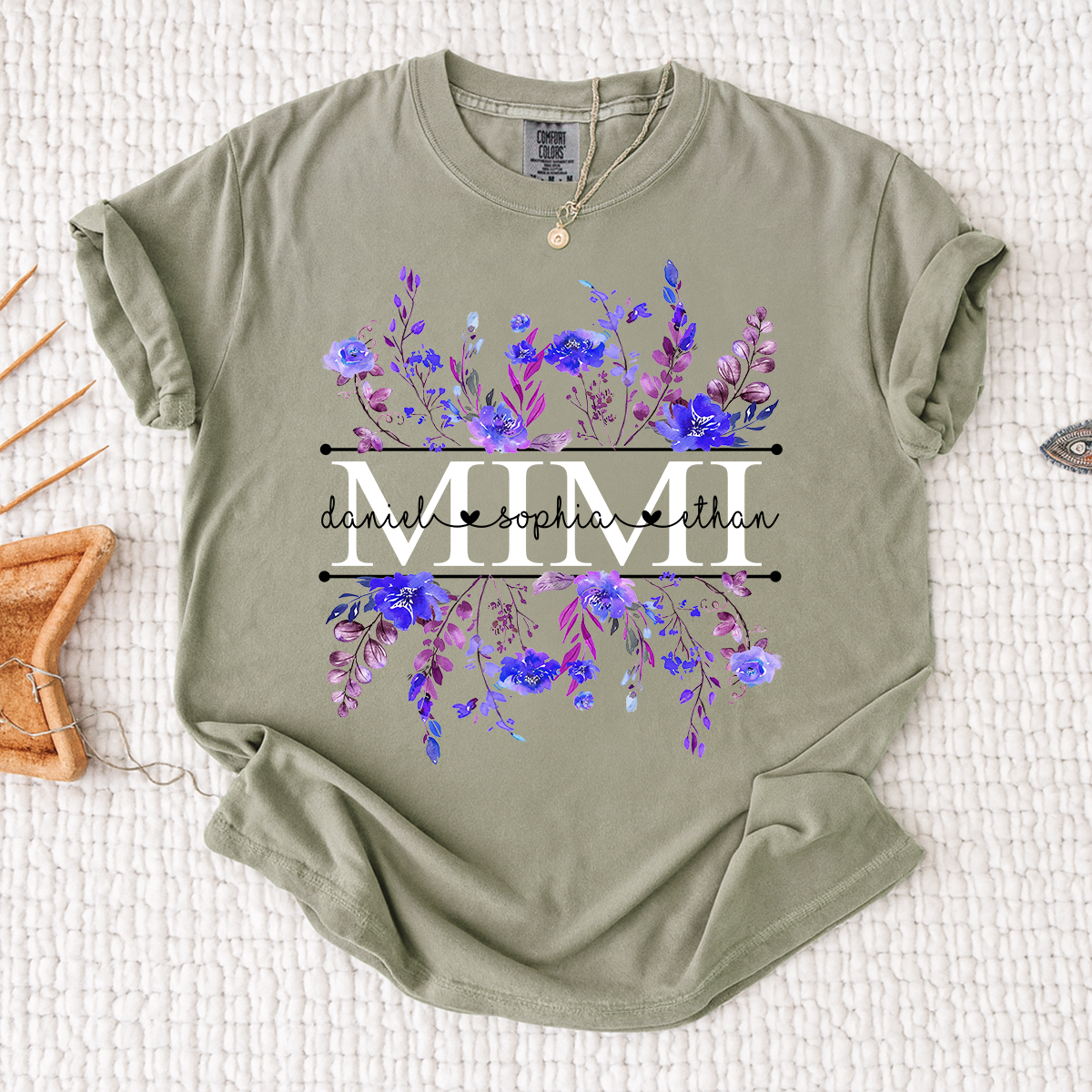 Comfort Colors Personalized Mimi Shirt with Purple Wildflower Design – Custom Grandma Gift with Grandkids Names