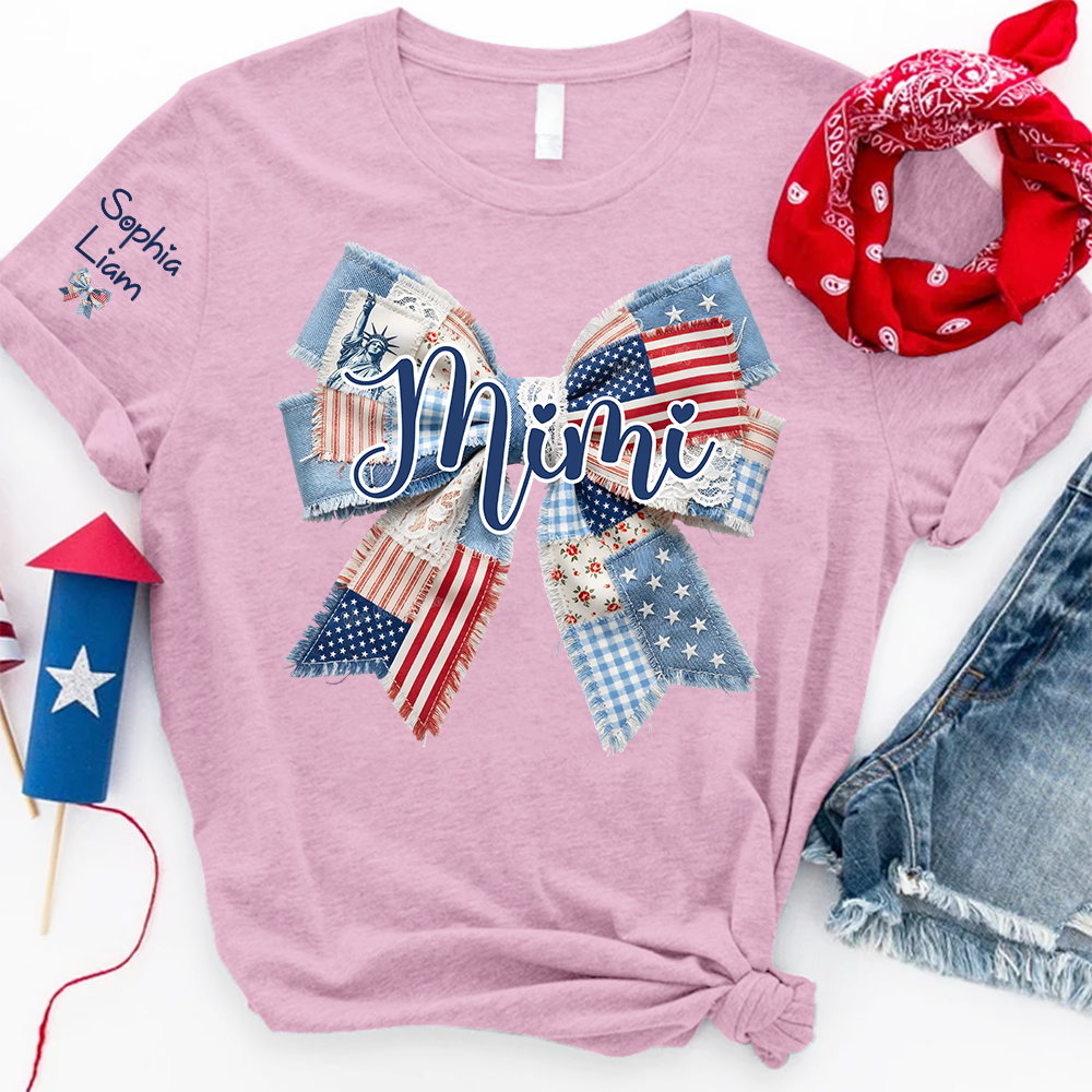 Patriotic Patchwork Bow Mimi T-Shirt, Personalized Grandma Tee with Kids Names for Birthday Mothers Day Christmas