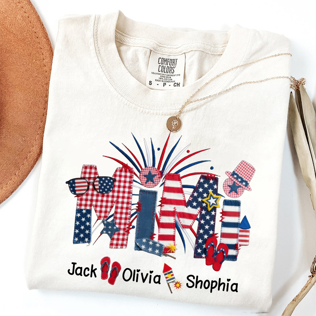 Comfort Colors Mimi Custom T Shirt with Patriotic Design & Grandkids' Names, Perfect for 4th of July