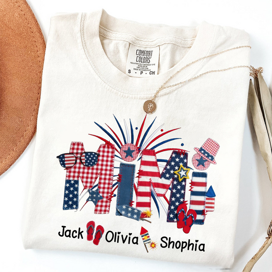 Comfort Colors Mimi Custom T Shirt with Patriotic Design & Grandkids' Names, Perfect for 4th of July