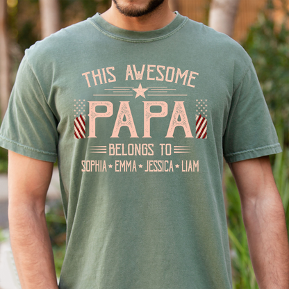 Custom This Awesome Papa T Shirt, American Flag Graphic, Personalized with Family Names for Papa