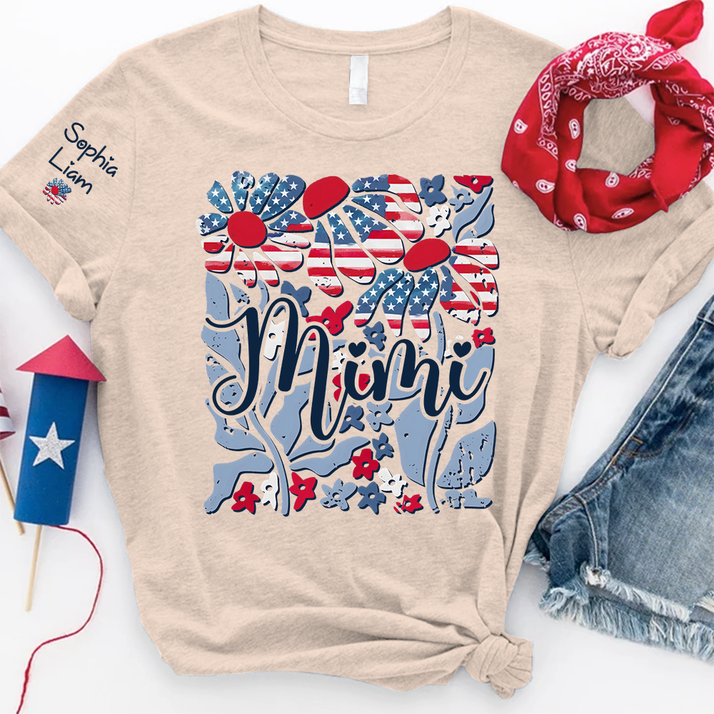 Custom Mimi Shirt with Patriotic Flowers and American Flag, Personalized Gift for Mom, Mother's Day T Shirt