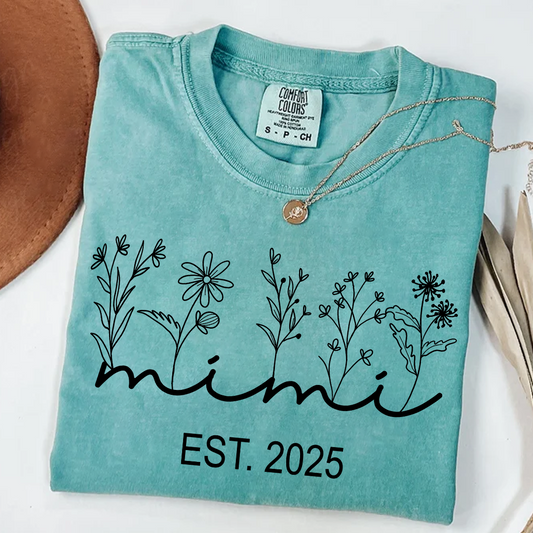 Comfort Colors® Mimi Est Wildflowers T-Shirt, Custom Grandma With Grandkids, Gift for Grandma