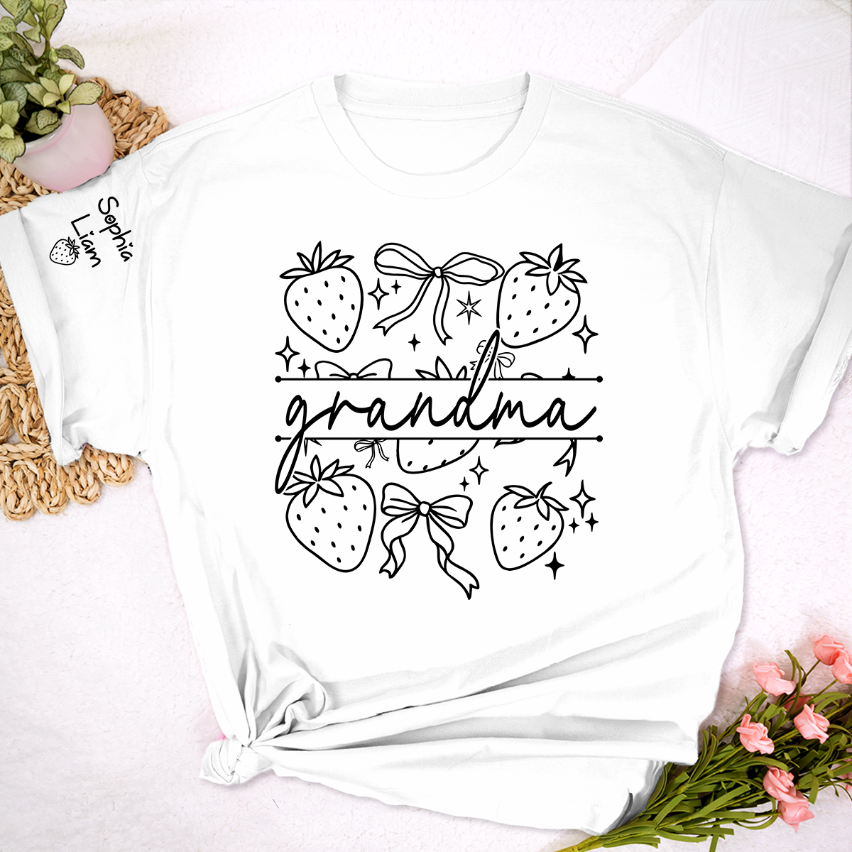 Custom Grandma Tee with Children’s Names, Strawberry Bow Shirt, Perfect Gift for Mom Nana Holidays