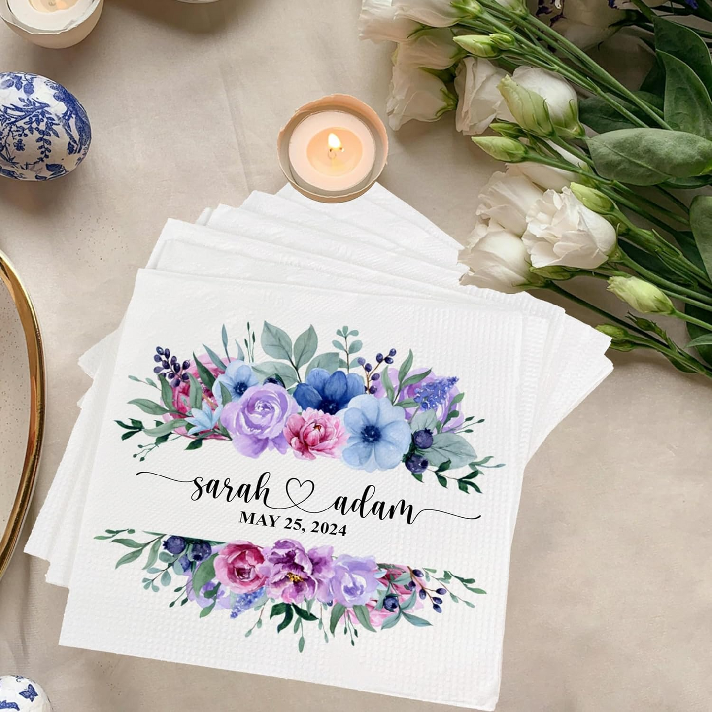 Custom Floral Wedding Napkins – Personalize with Your Names & Wedding Date