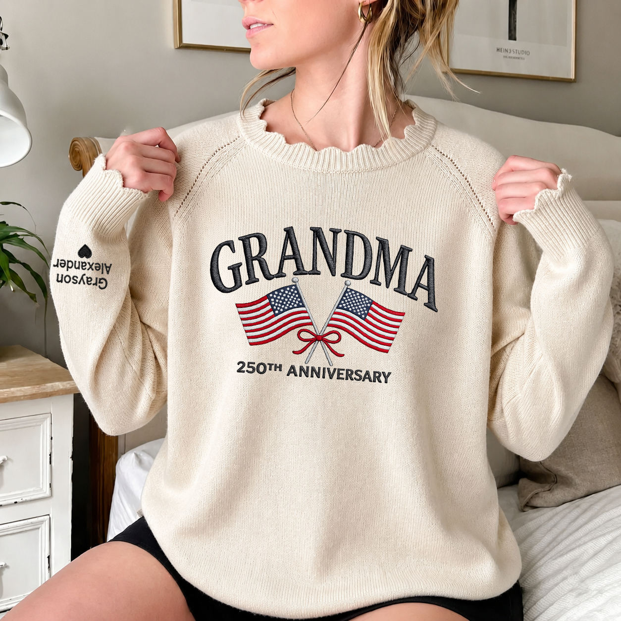 Custom Embroidered Grandma 250th Anniversary Knit Sweater, Personalized US Flag Crewneck, Custom Sleeve Names, Patriotic Grandma Gift
