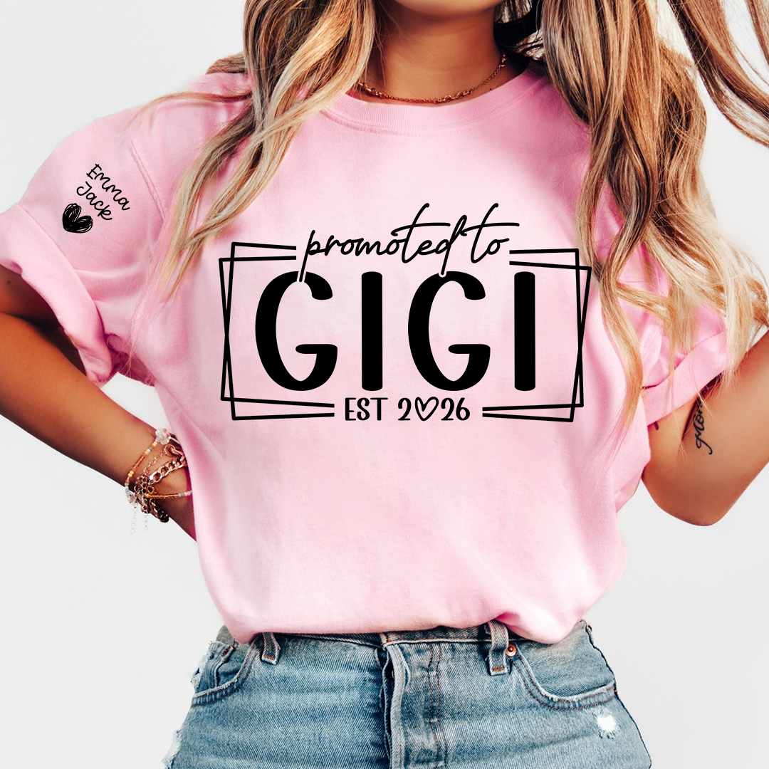Promoted To Gigi Est 2026 Shirt, Personalized Grandkids Names Sleeve Tee, New Gigi Gift, First Time Grandma Announcement Shirt