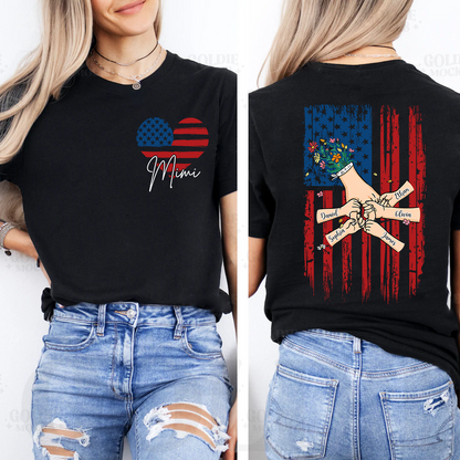 Custom Mimi T Shirt with USA Flag Heart, Personalized Grandma Shirt with Family Names on Back