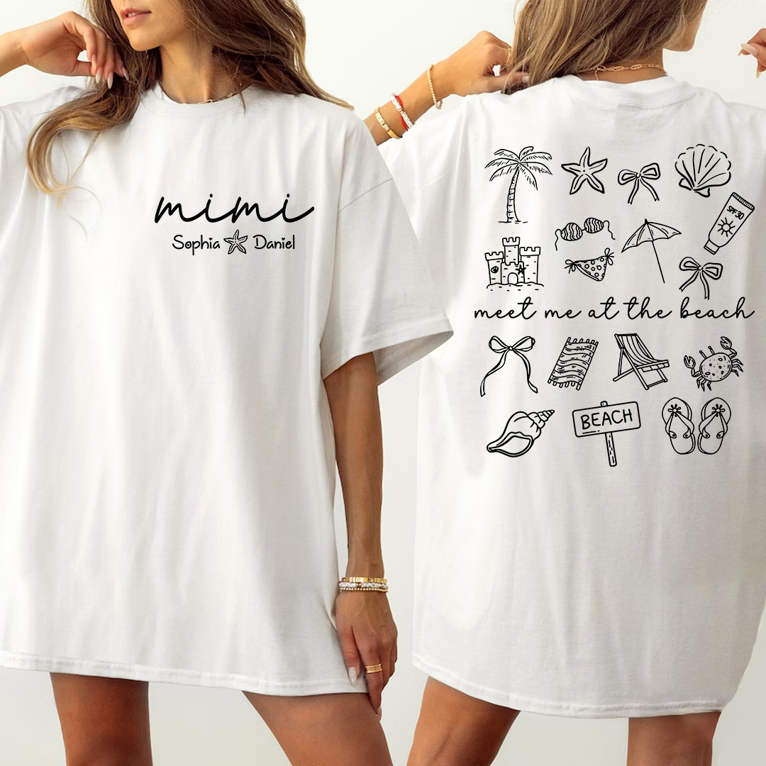 Personalized Mimi Beach Shirt with Grandkids Names, Meet Me at the Beach Back Print Tee, Custom Coastal Summer Gift for Grandma