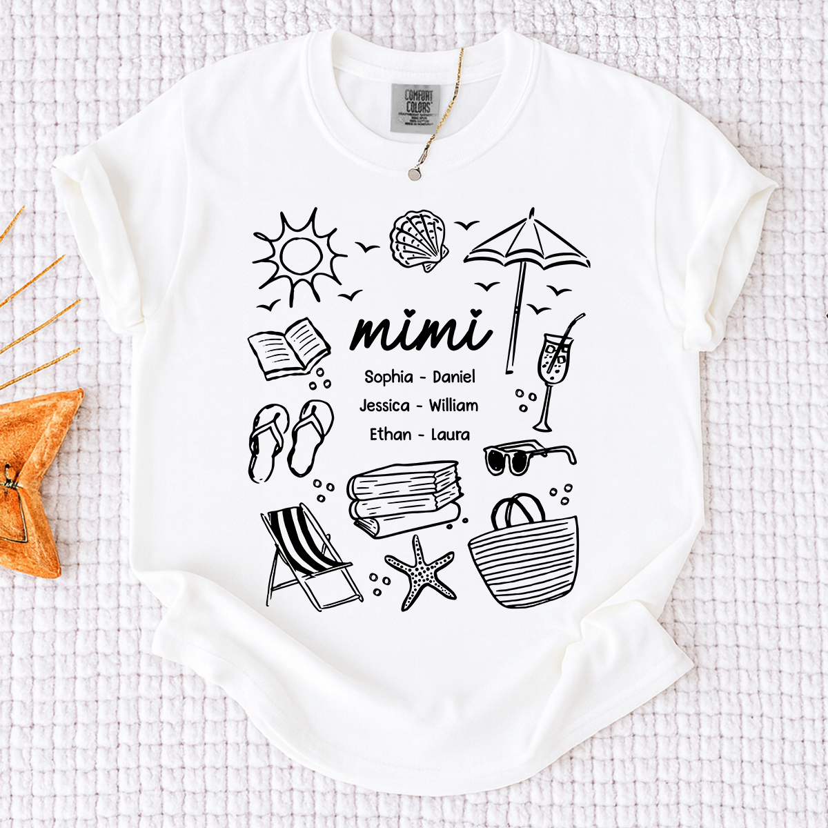 Comfort Colors Custom Mimi T Shirt with Grandchildren Names, Beach Life Graphic Tee, Personalized Summer Vacation Shirt for Women
