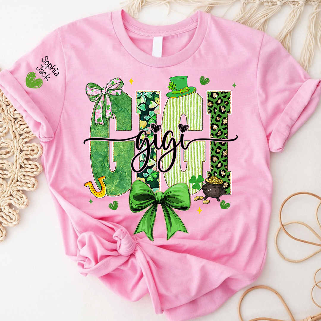 Gigi St Patrick’s Day Shirt, Green Shamrock Bow Family T Shirt, For Gift Gigi And Kids