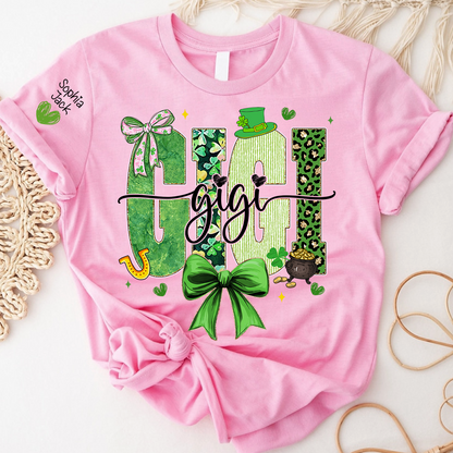 Gigi St Patrick’s Day Shirt, Green Shamrock Bow Family T Shirt, For Gift Gigi And Kids