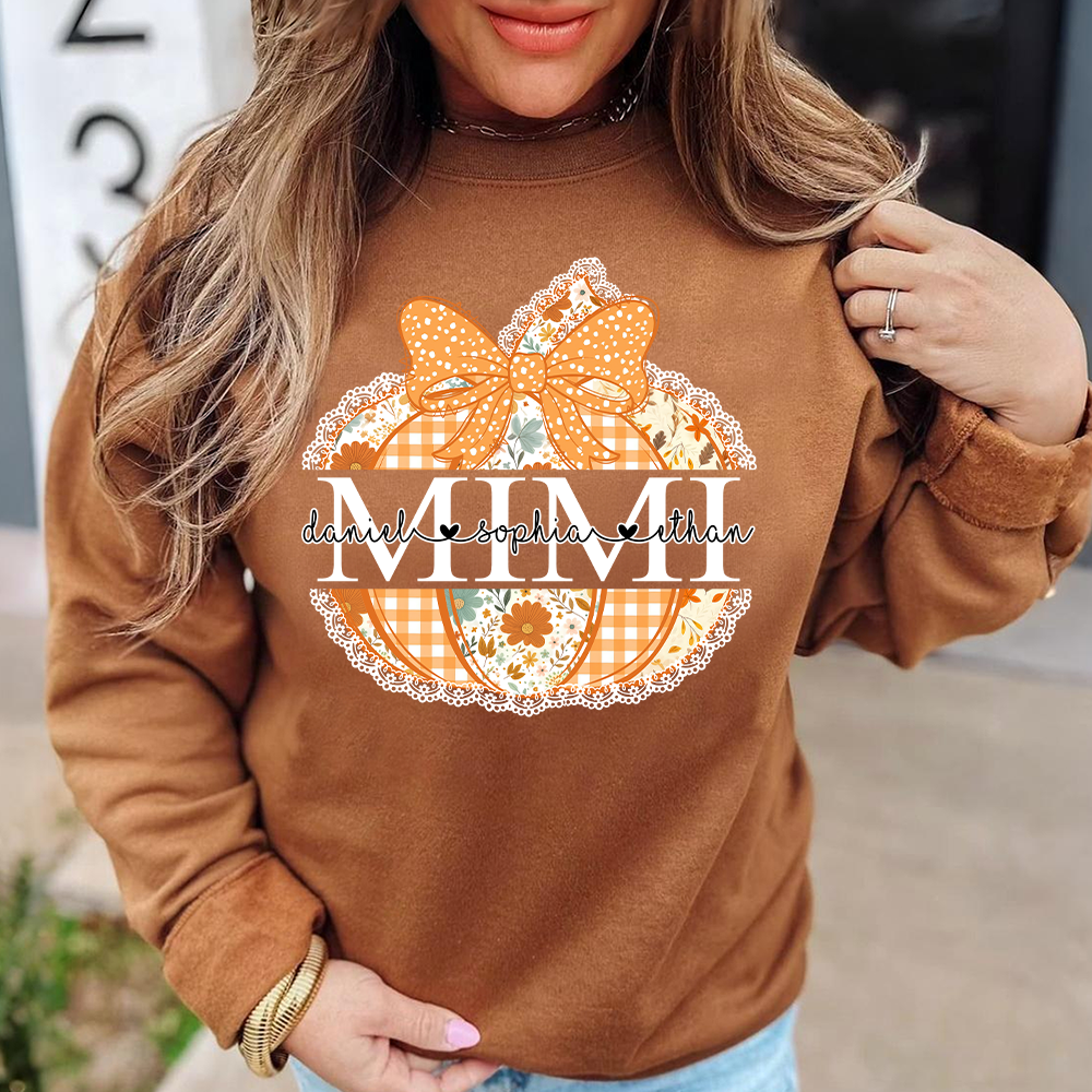 Personalized Mimi Pumpkin Shirt with Grandkids Names, Custom Fall Sweatshirt, Floral Pumpkin Grandma Gift, Thanksgiving Apparel