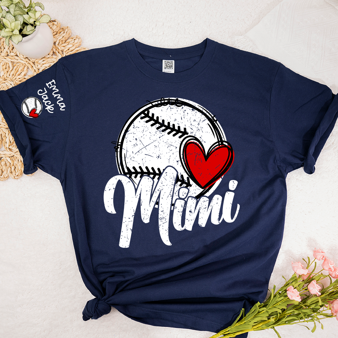 Personalized Mimi Baseball Shirt, Heart and Bat Design with Custom Names