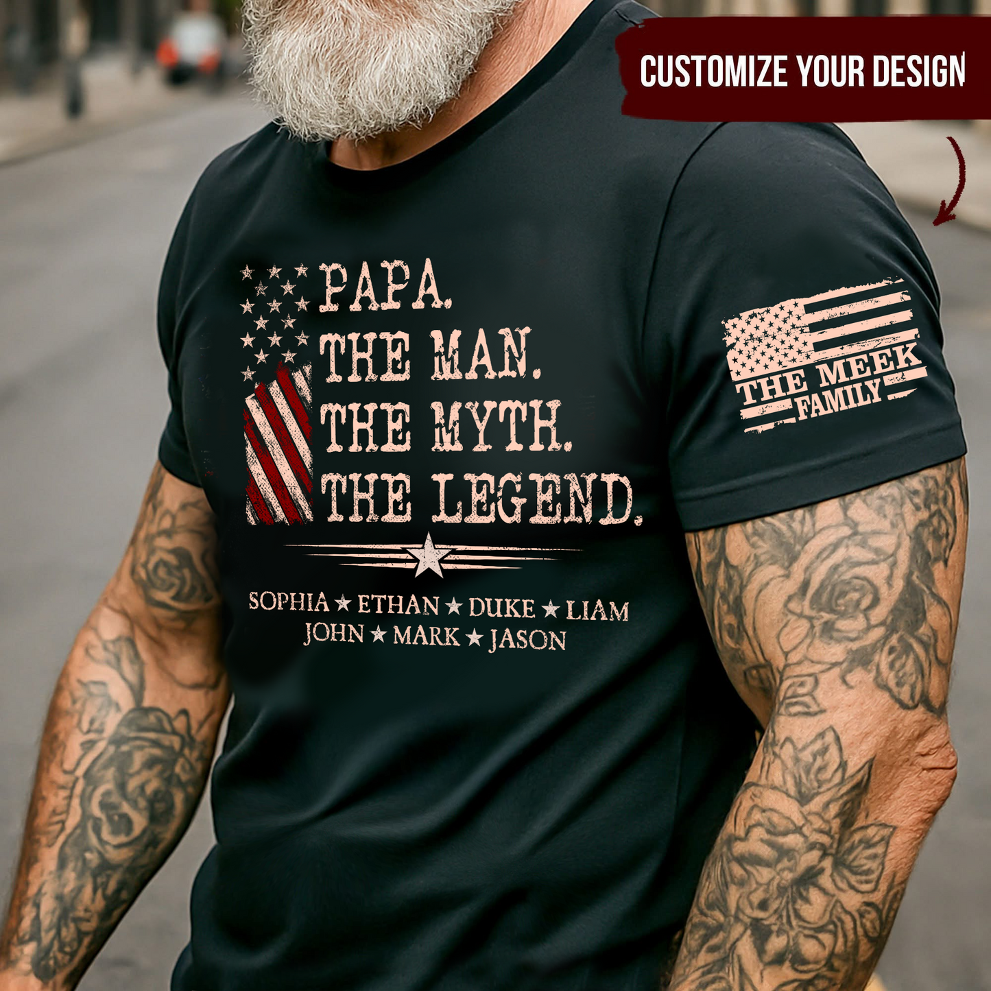 Custom Papa Shirt The Man The Myth The Legend with Kids Names, Vintage American Flag Dad Tee, Patriotic Gift for Father