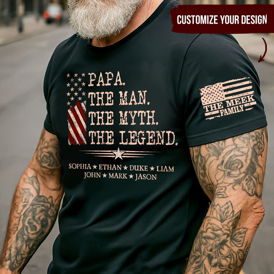 Custom Papa Shirt The Man The Myth The Legend with Kids Names, Vintage American Flag Dad Tee, Patriotic Gift for Father