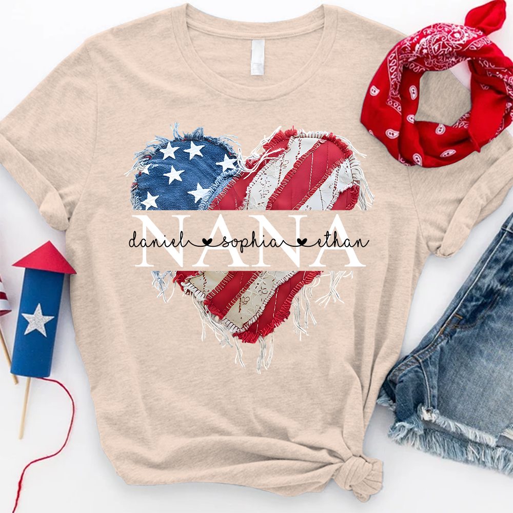 Personalized Nana T Shirt, Custom American Flag Heart Design with Family Names, Patriotic Gift for Nana