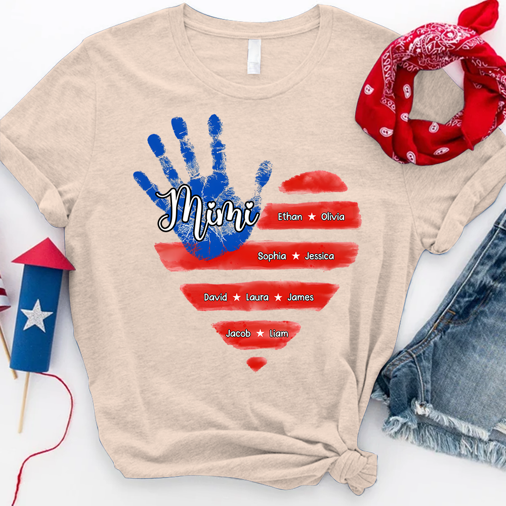Custom Mimi Shirt, American Flag Handprint with Family Names, Personalized Gift for Mimi, Patriotic Grandkids Shirt
